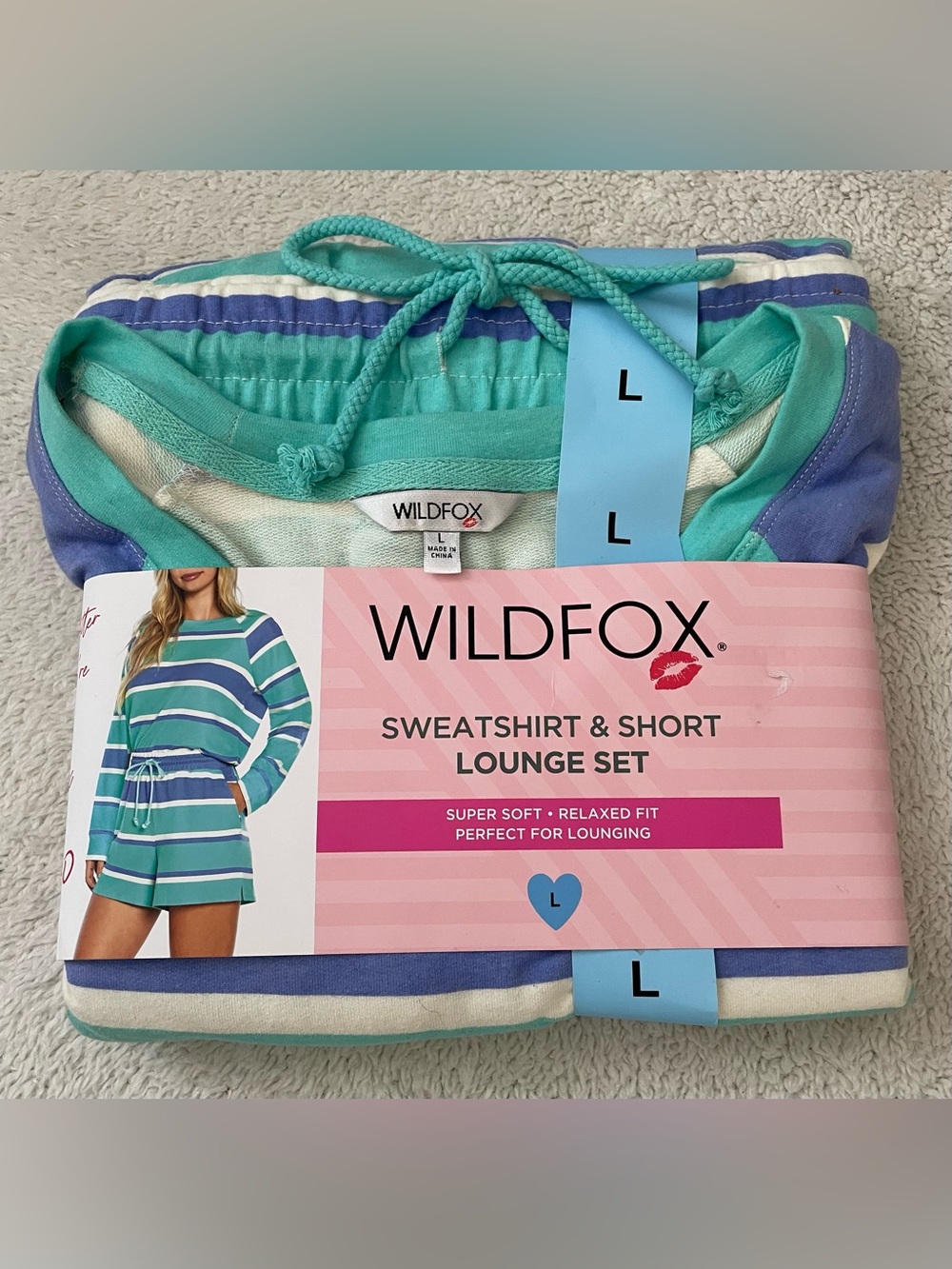 Wildfox Blue, Teal & White Striped Sweatshirt and Short Set Size L Brandnew NWT